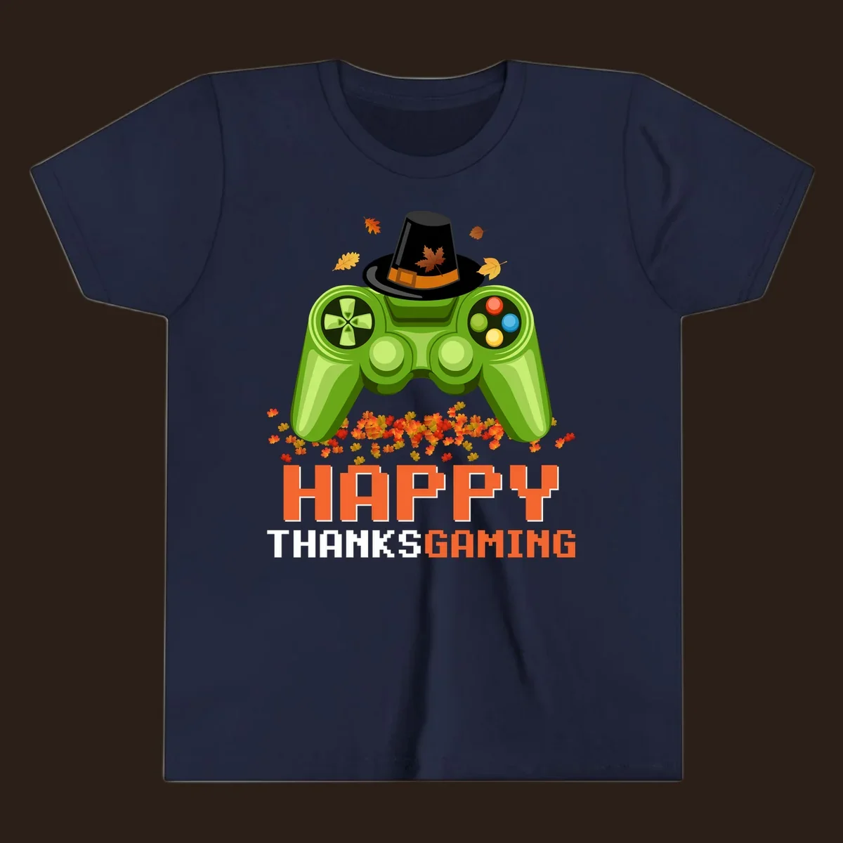 Happy Thanksgaming design with a video game controller, pilgrim hat, and fall leaves.