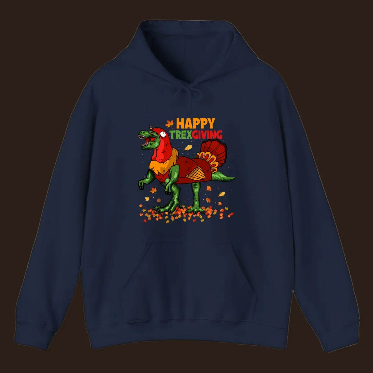 Dinosaur in a turkey costume with 'Happy Trexgiving' text and fall leaves.