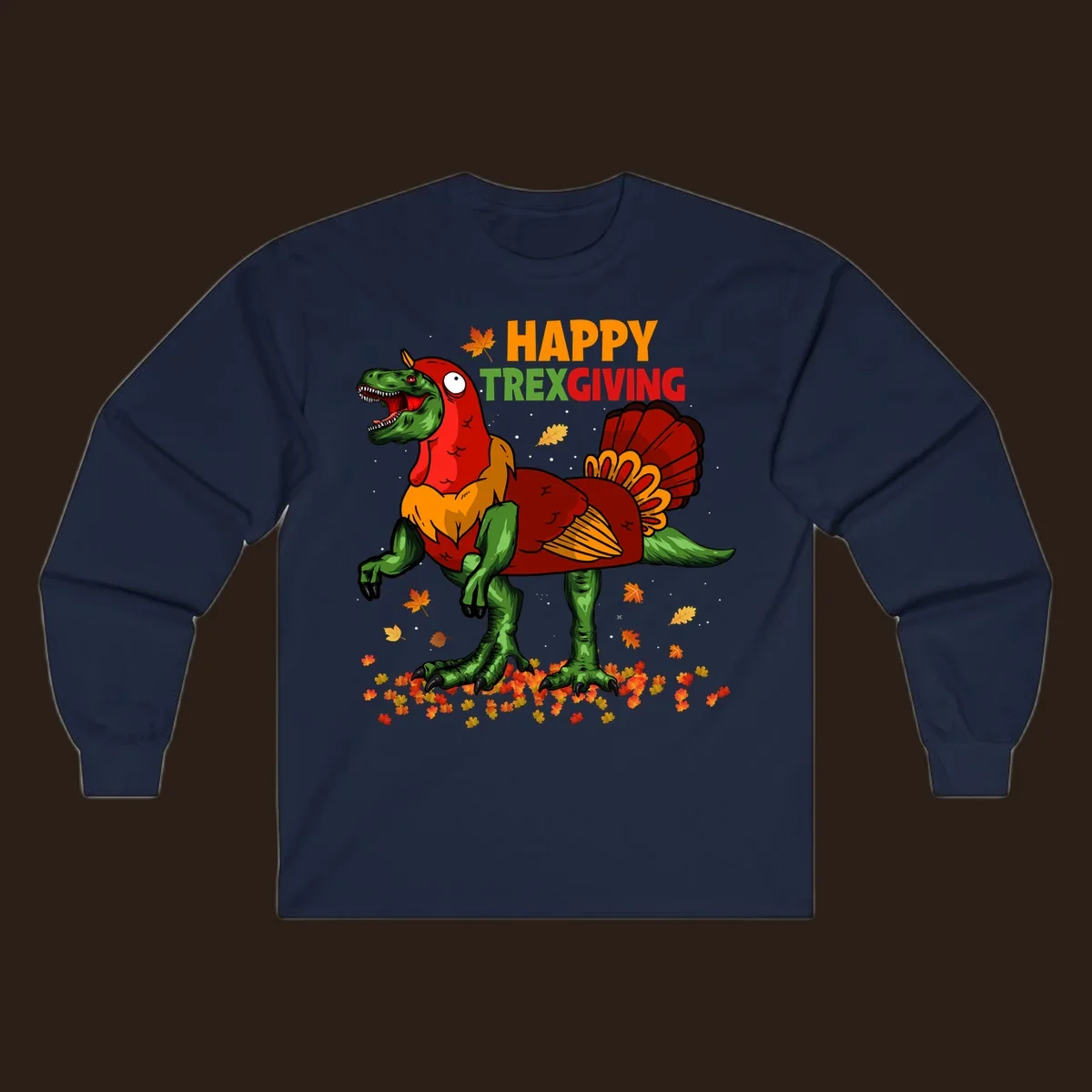 Dinosaur in a turkey costume with 'Happy Trexgiving' text and fall leaves.