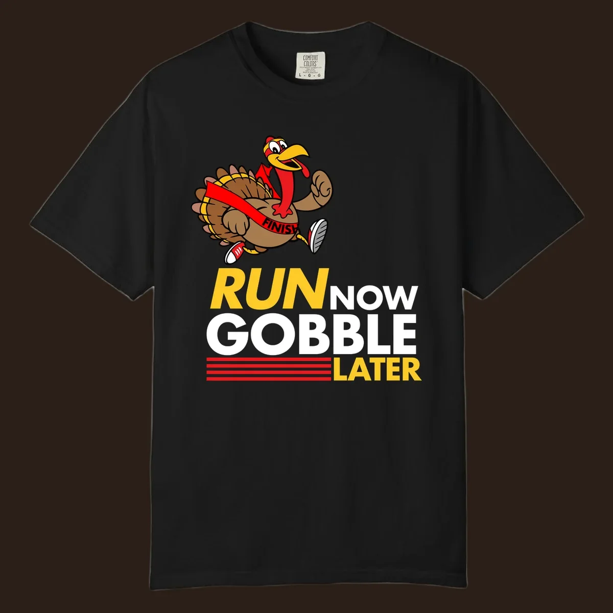 Cartoon turkey running with text 'Run Now Gobble Later', run-gobble-thanksgiving