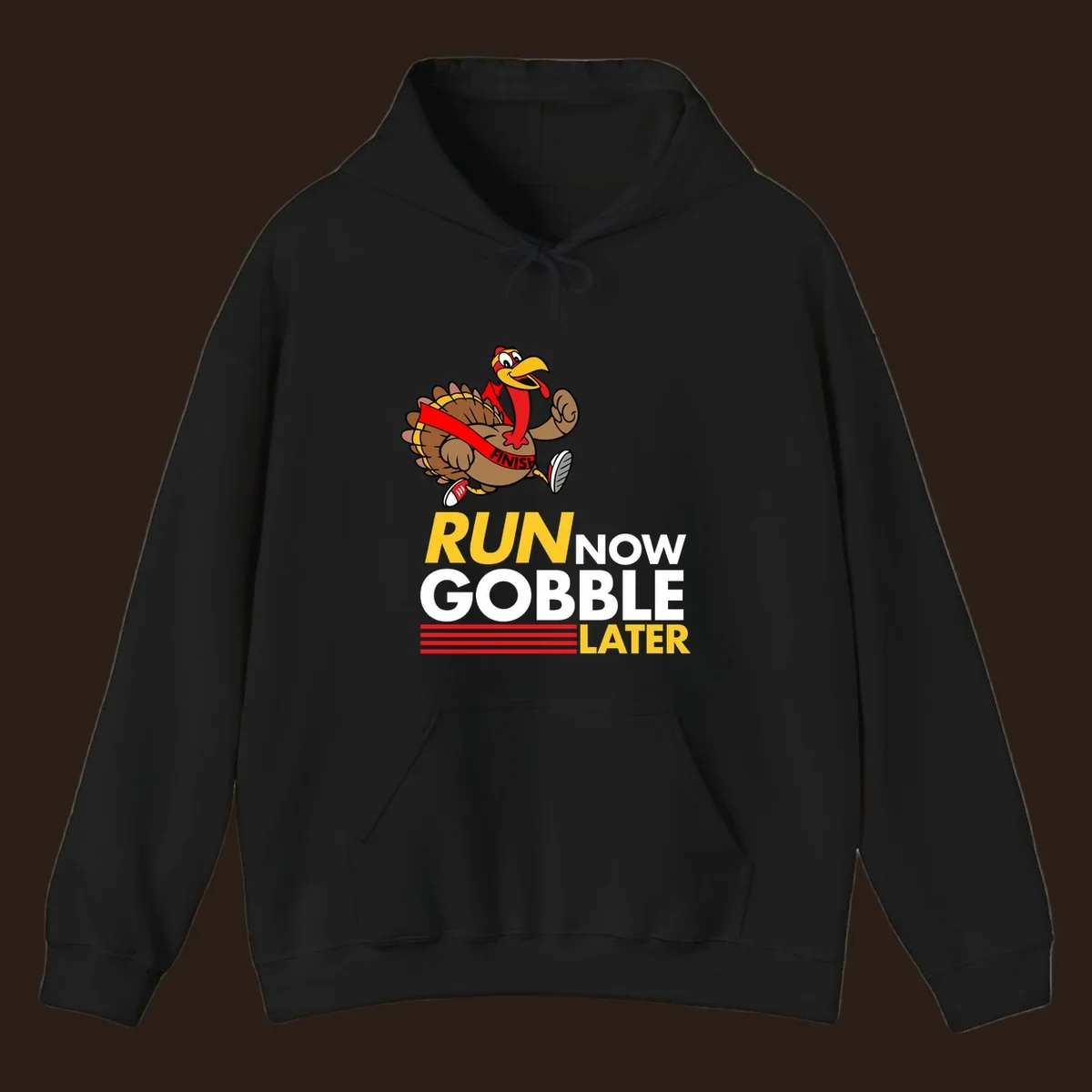 Cartoon turkey running with text 'Run Now Gobble Later', run-gobble-thanksgiving