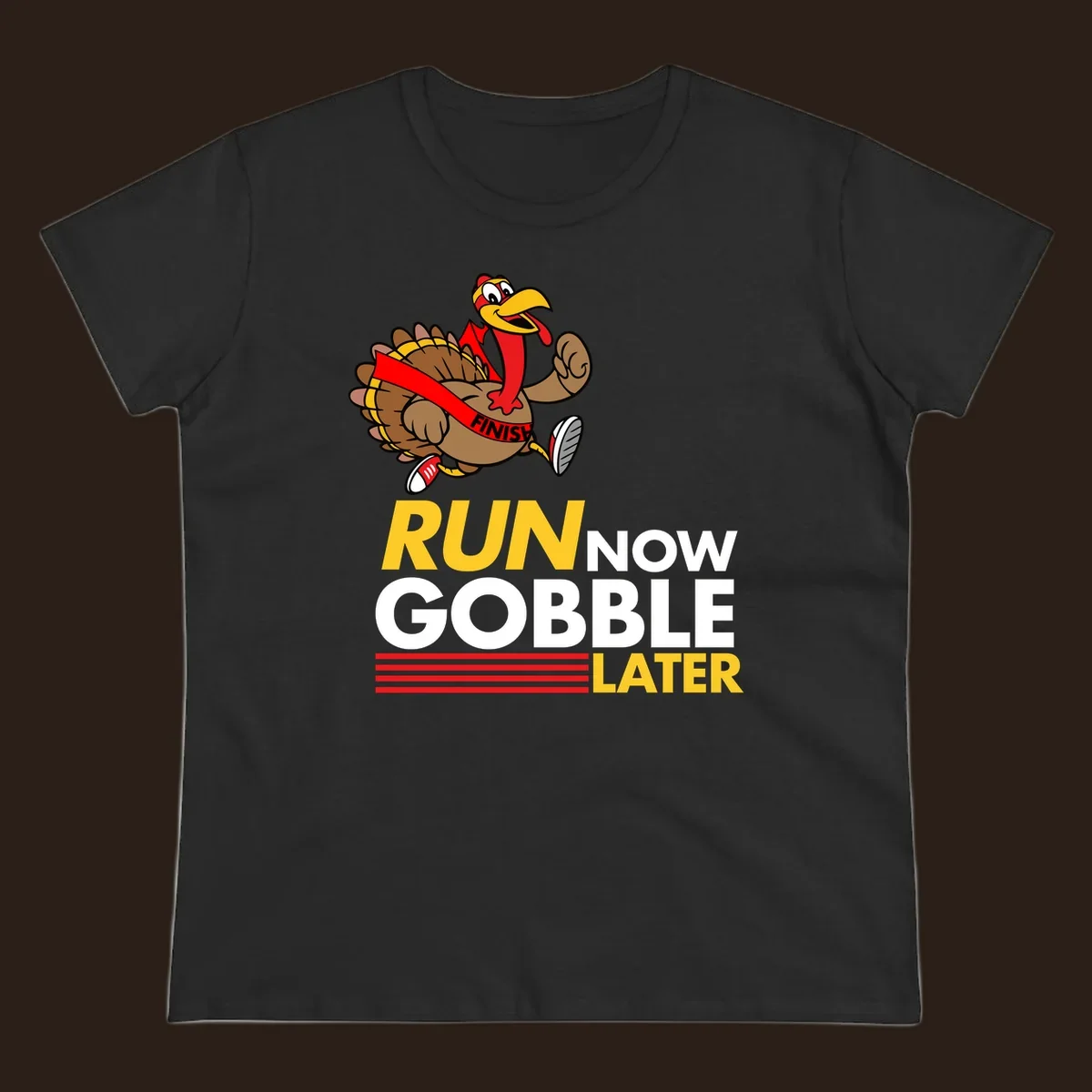 Cartoon turkey running with text 'Run Now Gobble Later', run-gobble-thanksgiving