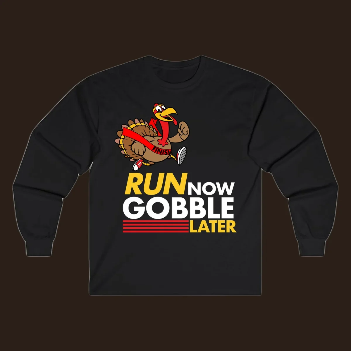 Cartoon turkey running with text 'Run Now Gobble Later', run-gobble-thanksgiving