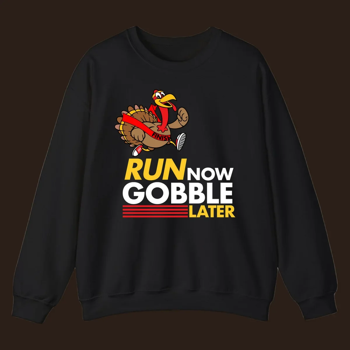 Cartoon turkey running with text 'Run Now Gobble Later', run-gobble-thanksgiving