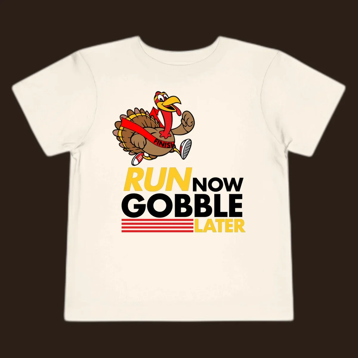 Cartoon turkey running with text 'Run Now Gobble Later', run-gobble-thanksgiving