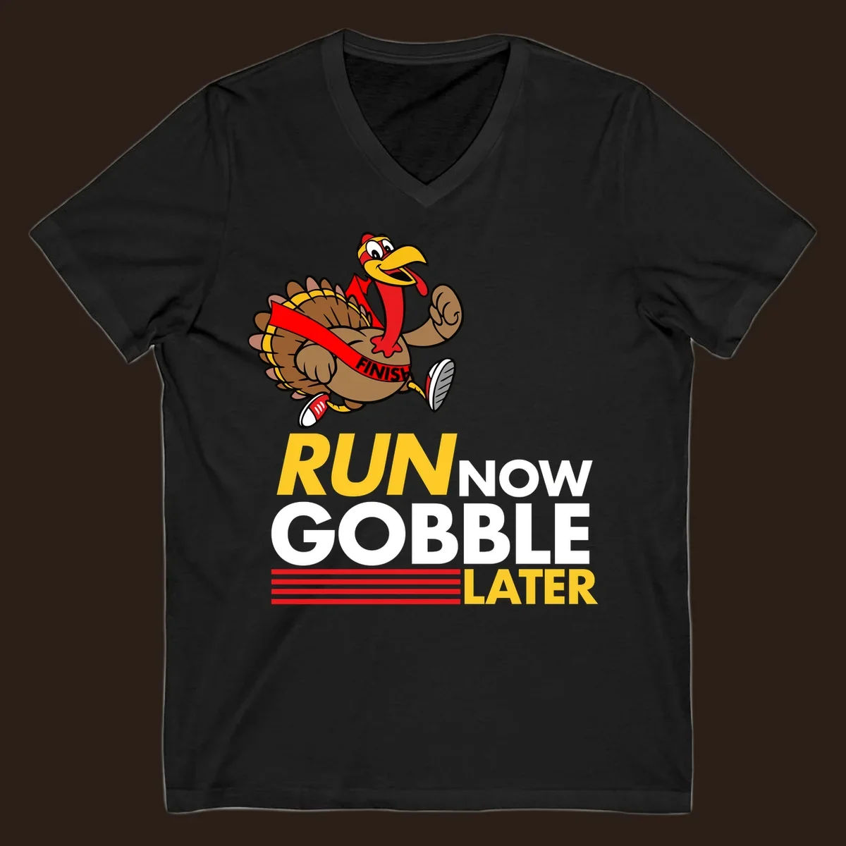 Cartoon turkey running with text 'Run Now Gobble Later', run-gobble-thanksgiving