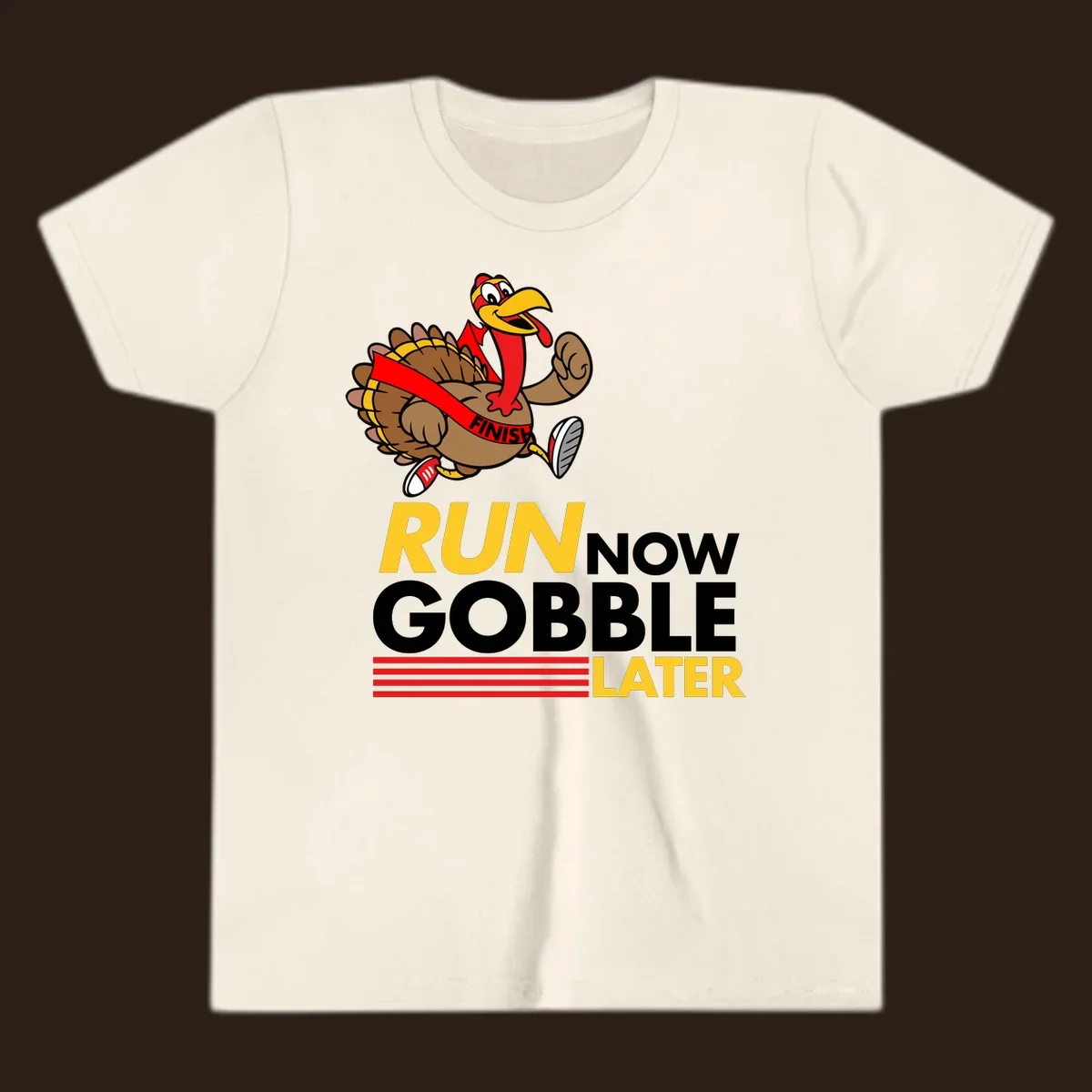 Cartoon turkey running with text 'Run Now Gobble Later', run-gobble-thanksgiving