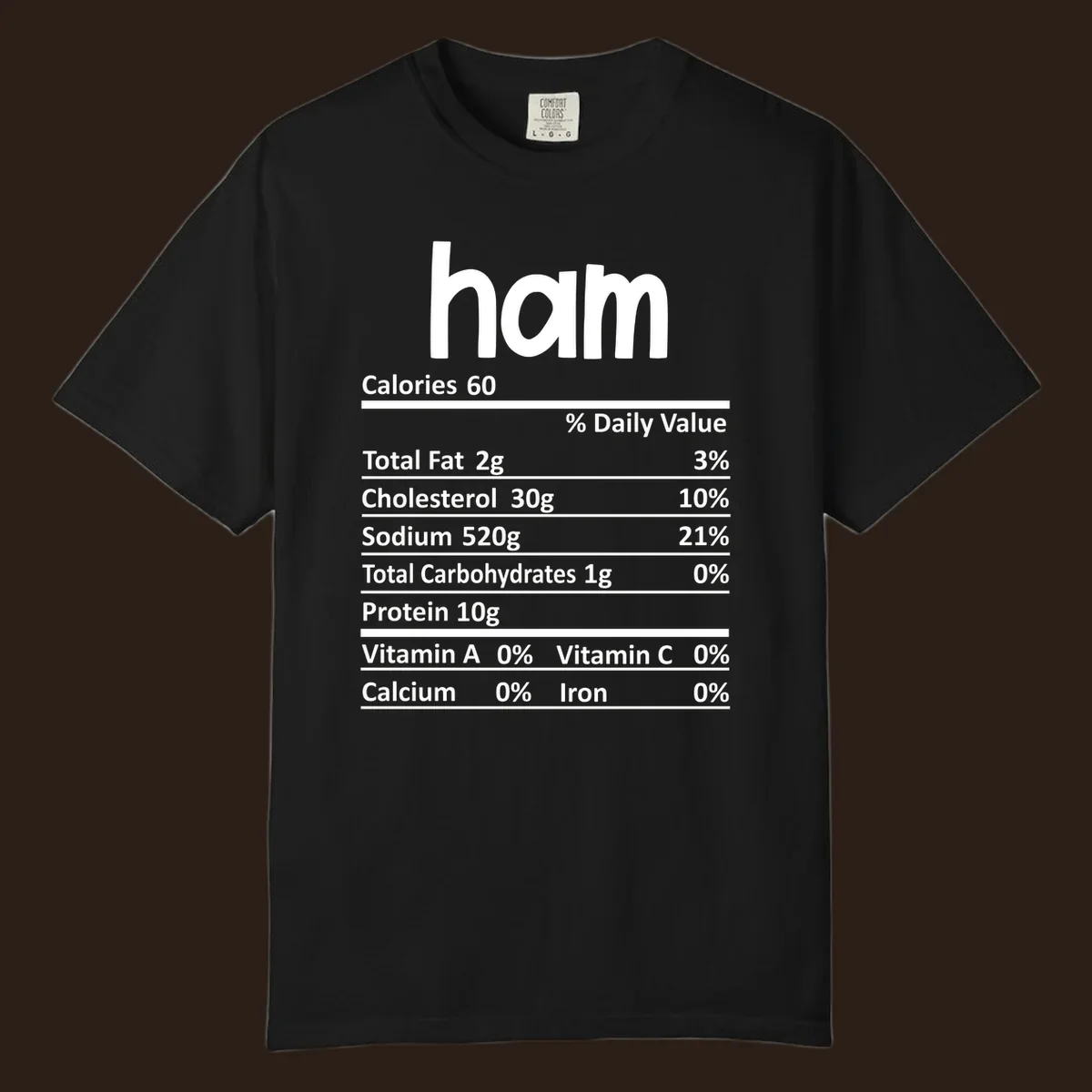 Ham nutrition label design featuring 'ham' at the top and nutritional information.