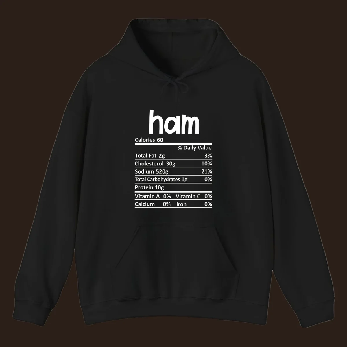 Ham nutrition label design featuring 'ham' at the top and nutritional information.
