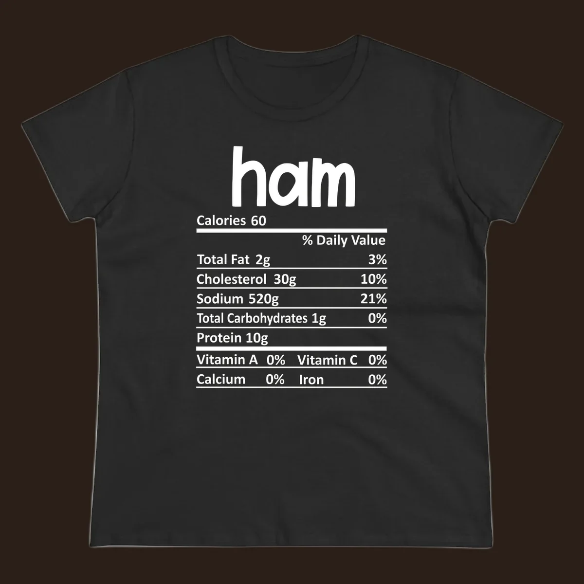 Ham nutrition label design featuring 'ham' at the top and nutritional information.