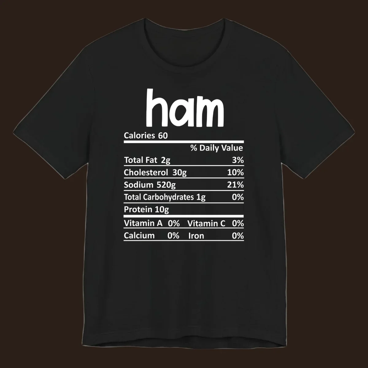 Ham nutrition label design featuring 'ham' at the top and nutritional information.