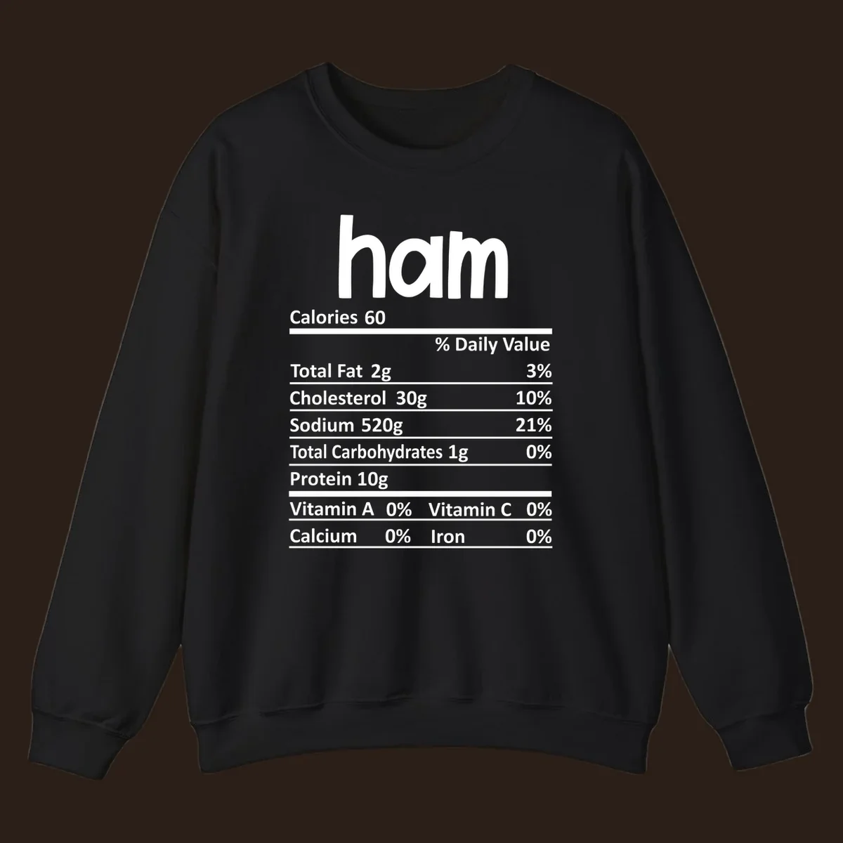 Ham nutrition label design featuring 'ham' at the top and nutritional information.