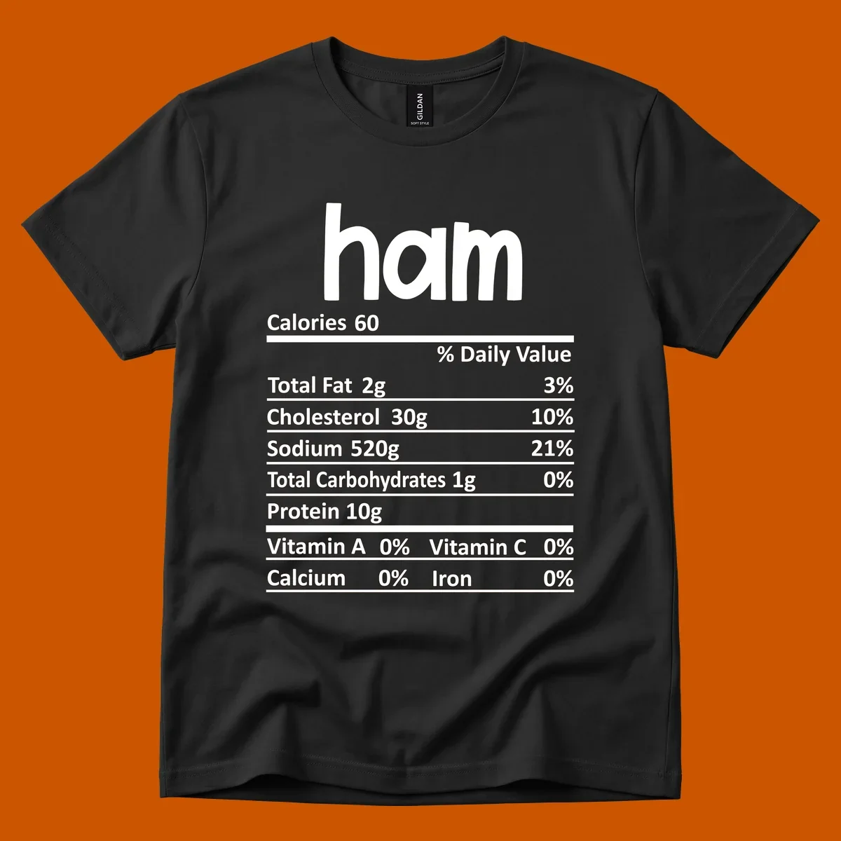 Ham nutrition label design featuring 'ham' at the top and nutritional information.