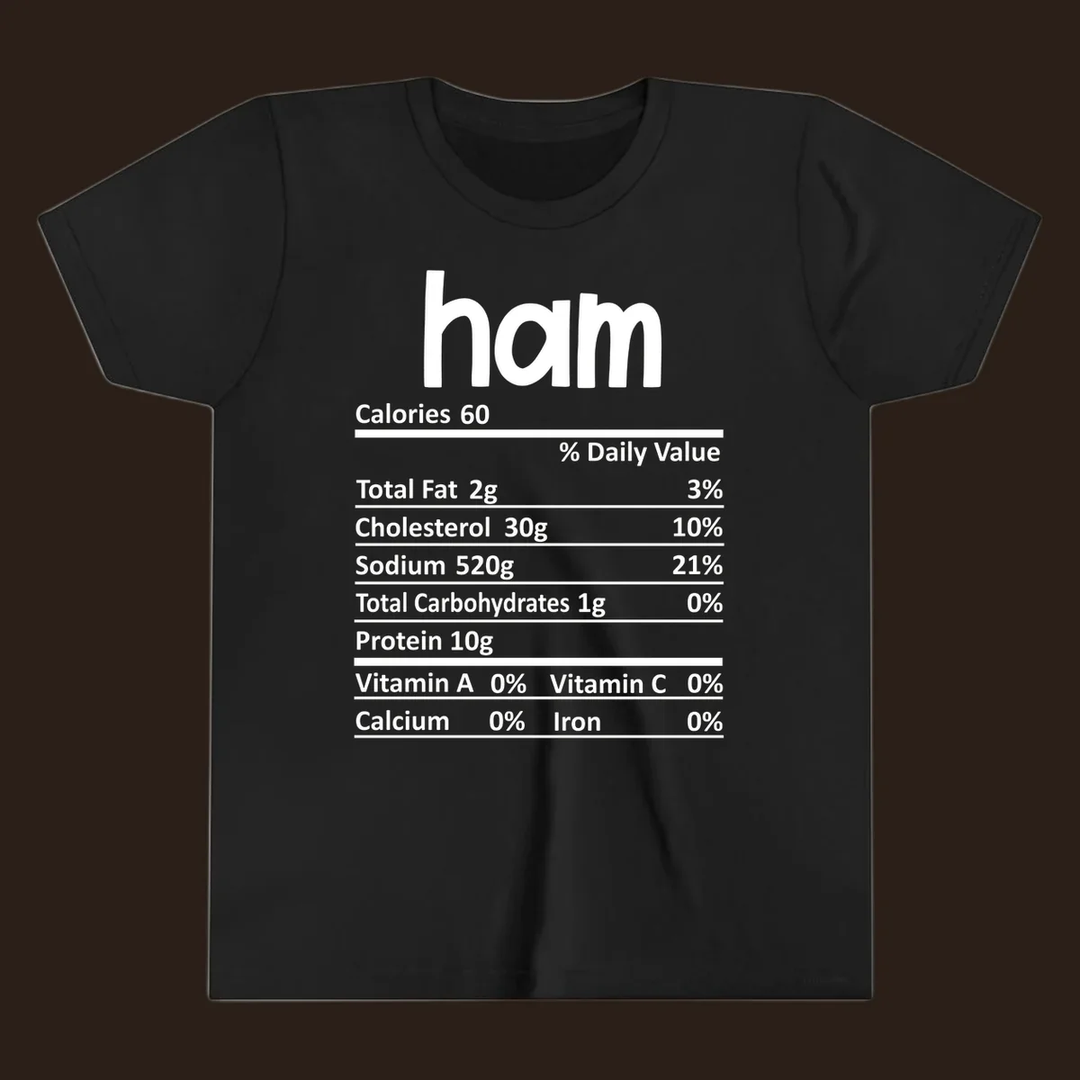 Ham nutrition label design featuring 'ham' at the top and nutritional information.