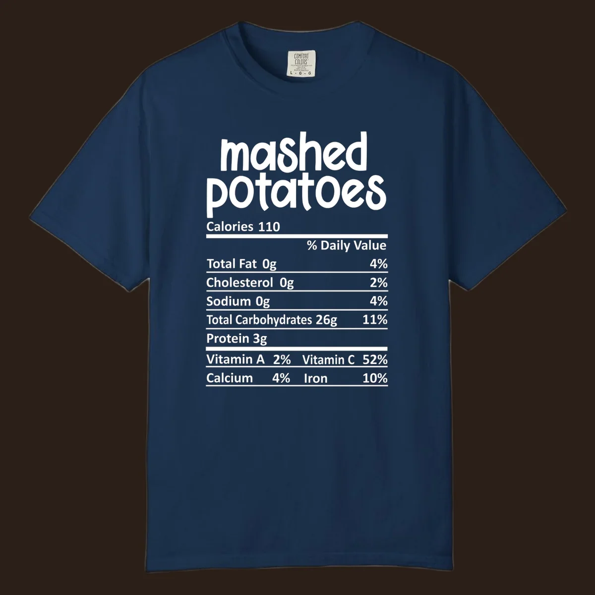 Mashed potatoes nutrition facts label design with white text on black.