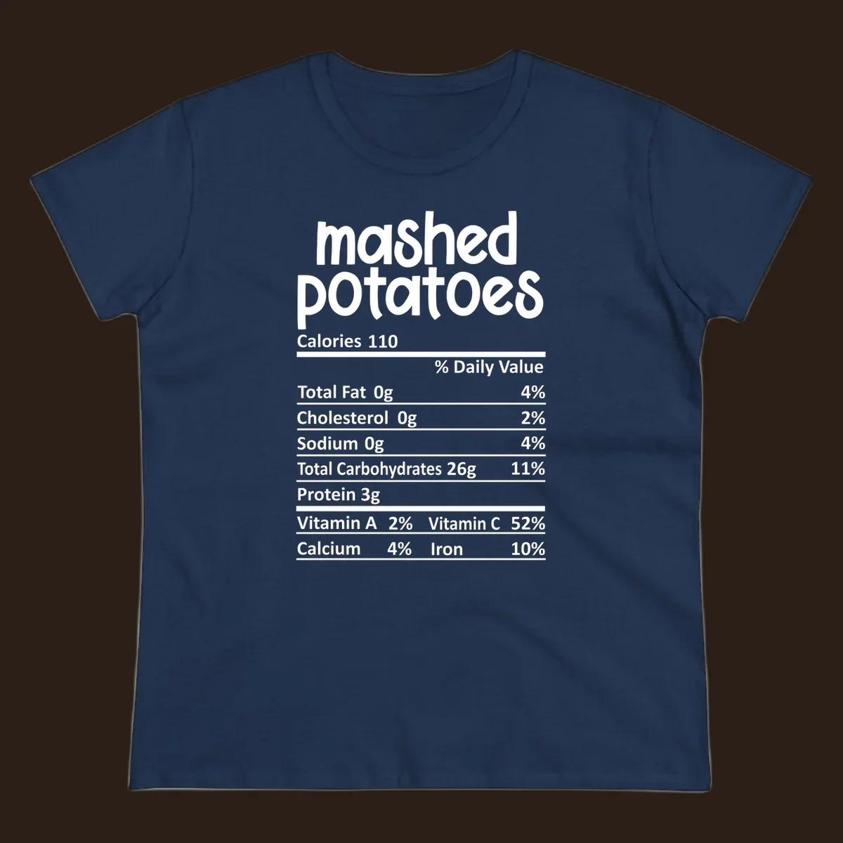 Mashed potatoes nutrition facts label design with white text on black.