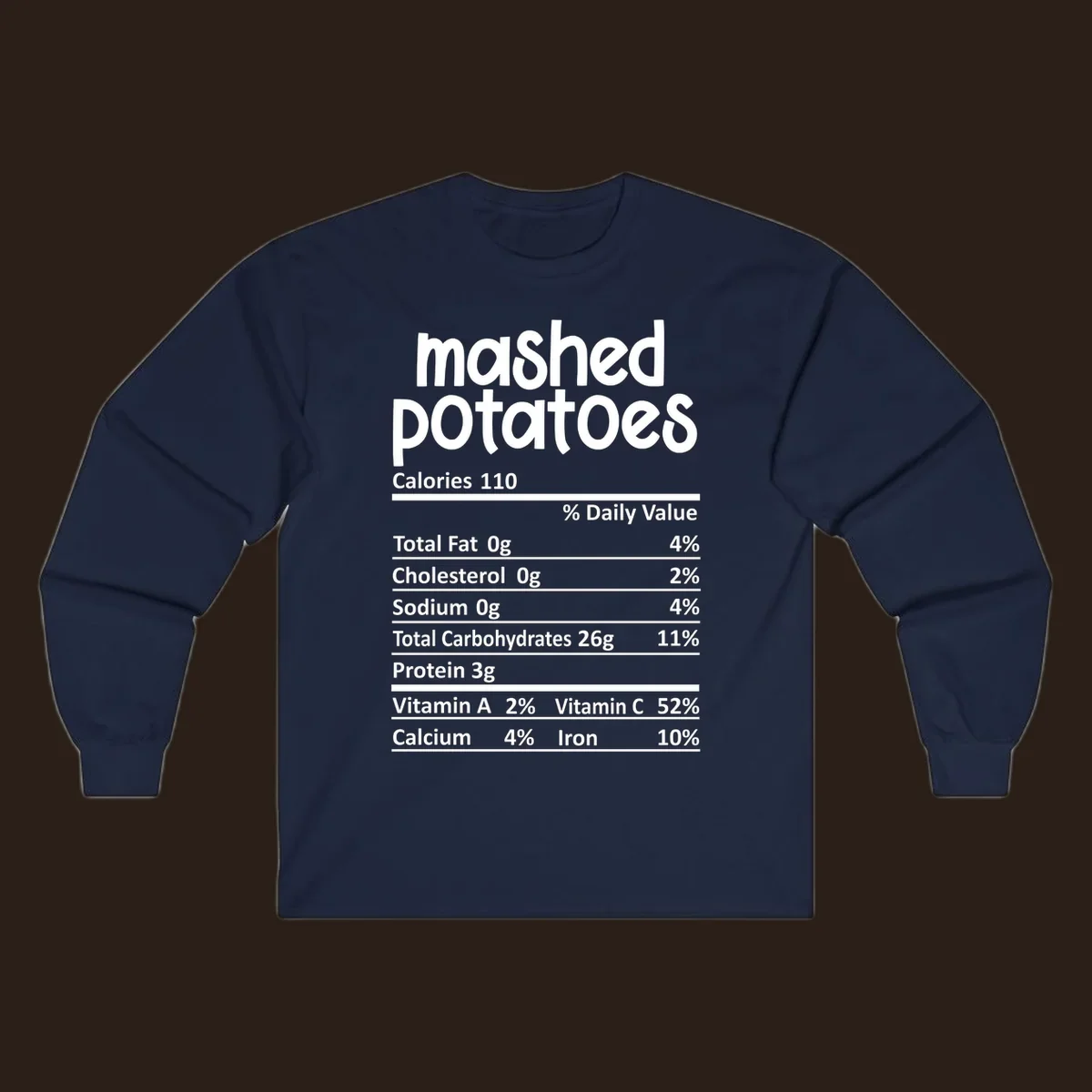 Mashed potatoes nutrition facts label design with white text on black.
