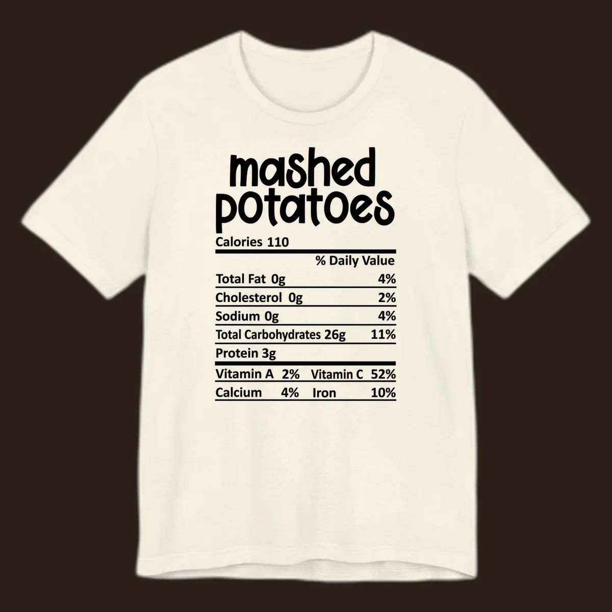 Mashed potatoes nutrition facts label design with white text on black.
