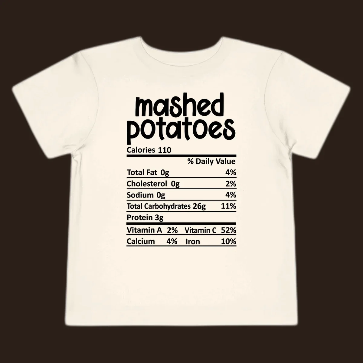 Mashed potatoes nutrition facts label design with white text on black.