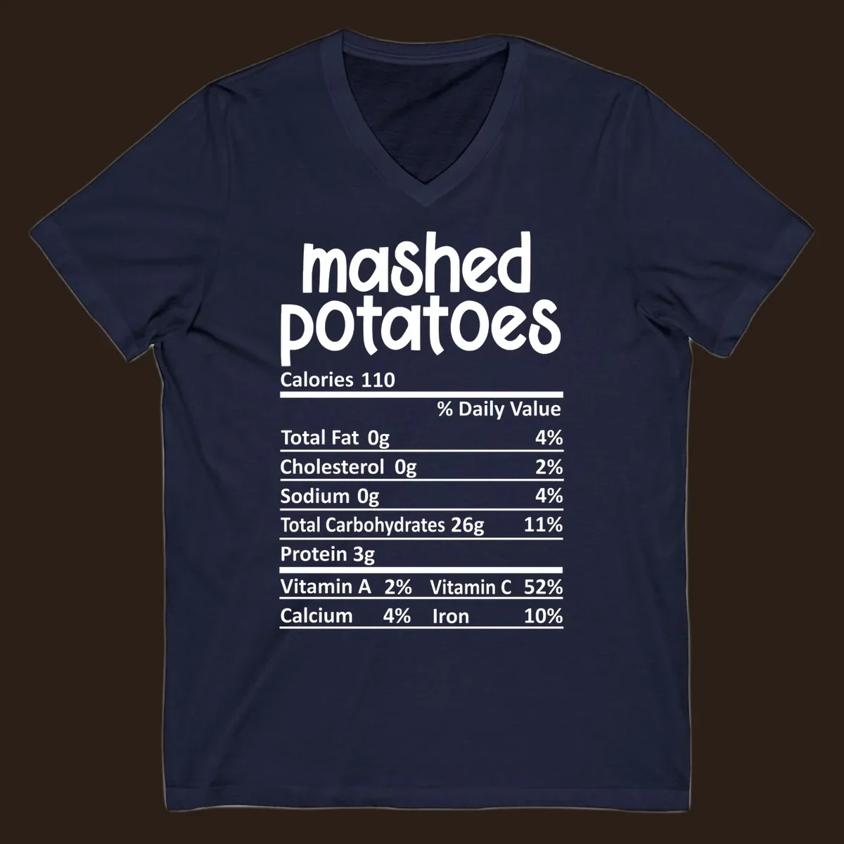 Mashed potatoes nutrition facts label design with white text on black.