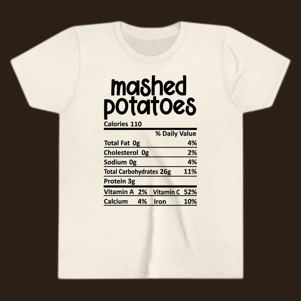 Mashed potatoes nutrition facts label design with white text on black.