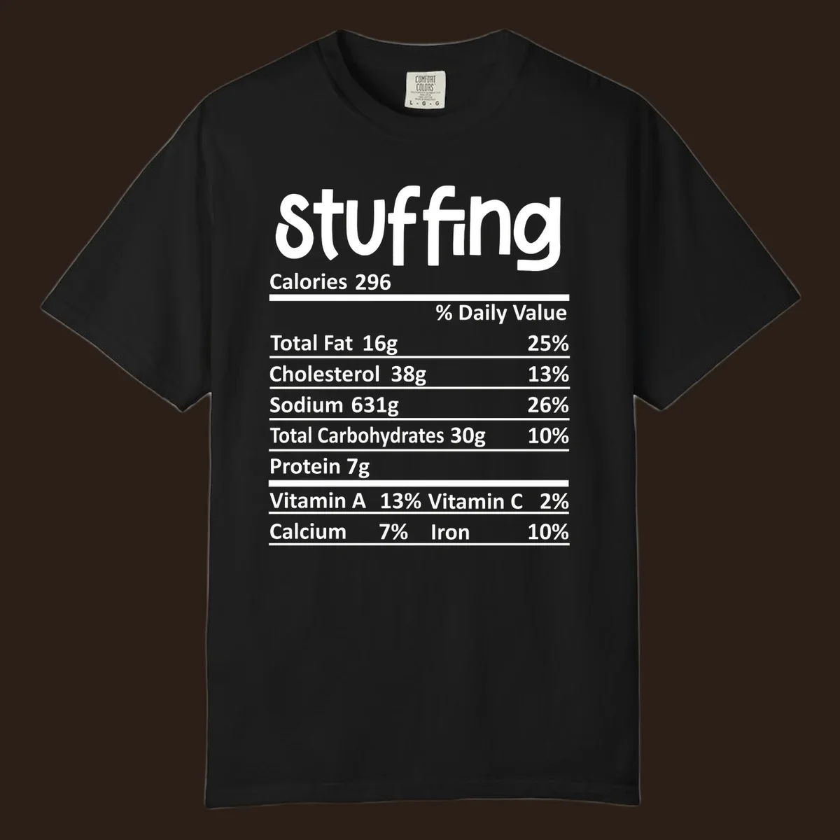 Stuffing nutrition label design with calories and daily values.