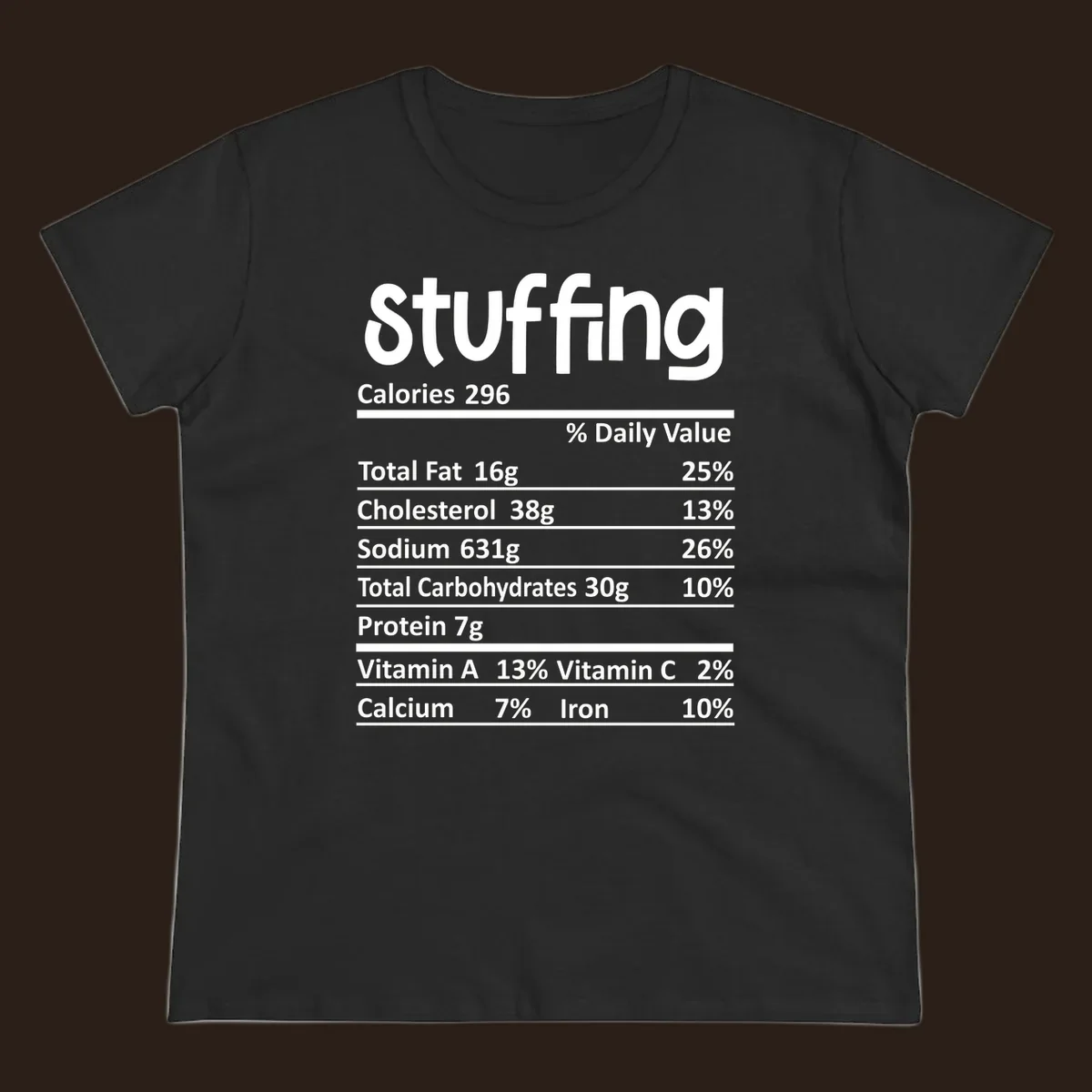 Stuffing nutrition label design with calories and daily values.
