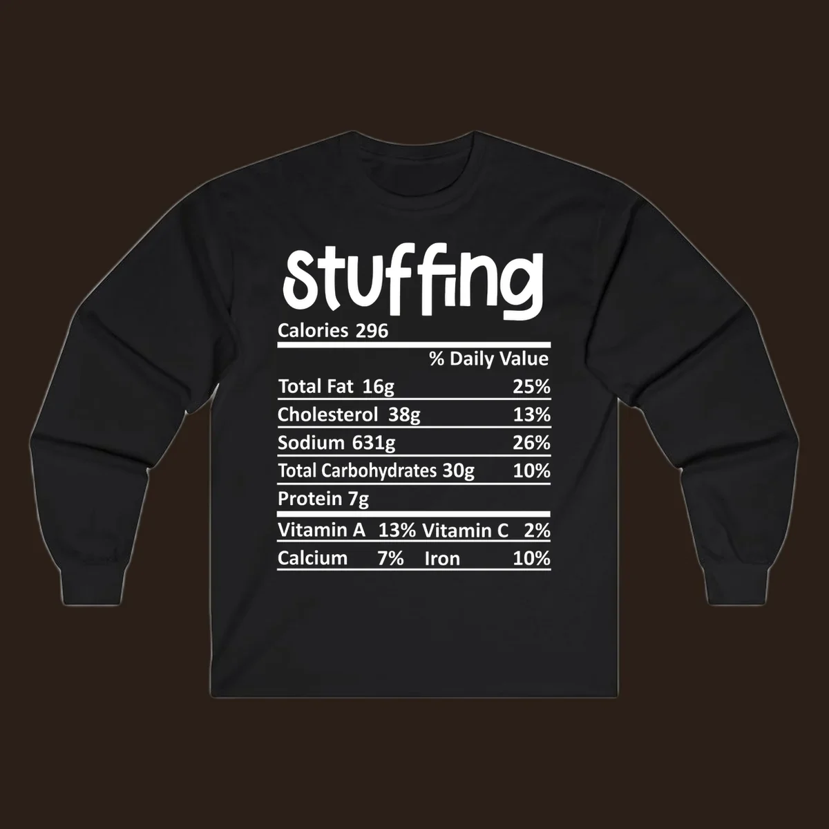 Stuffing nutrition label design with calories and daily values.