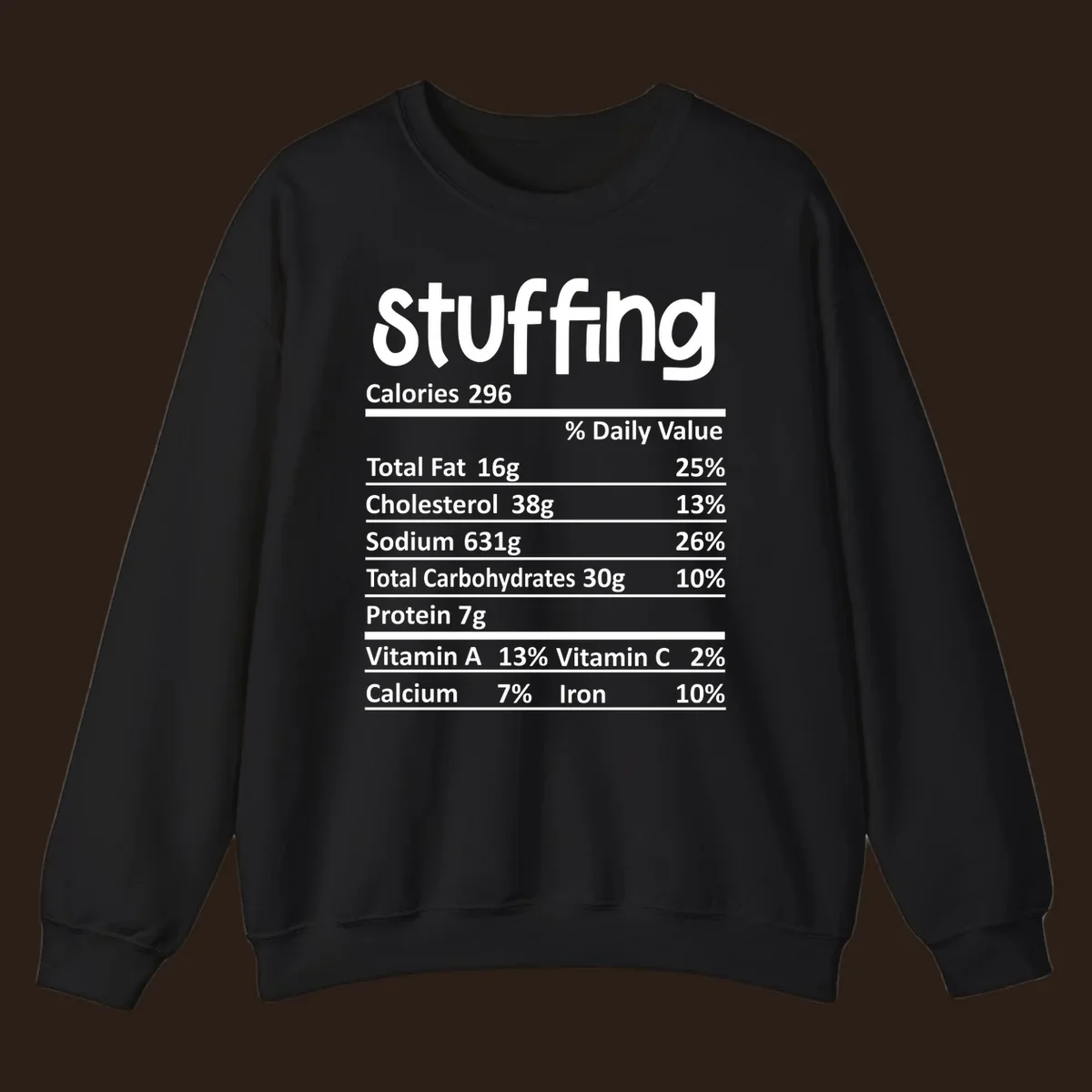 Stuffing nutrition label design with calories and daily values.