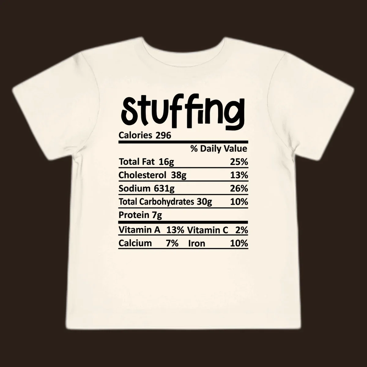 Stuffing nutrition label design with calories and daily values.
