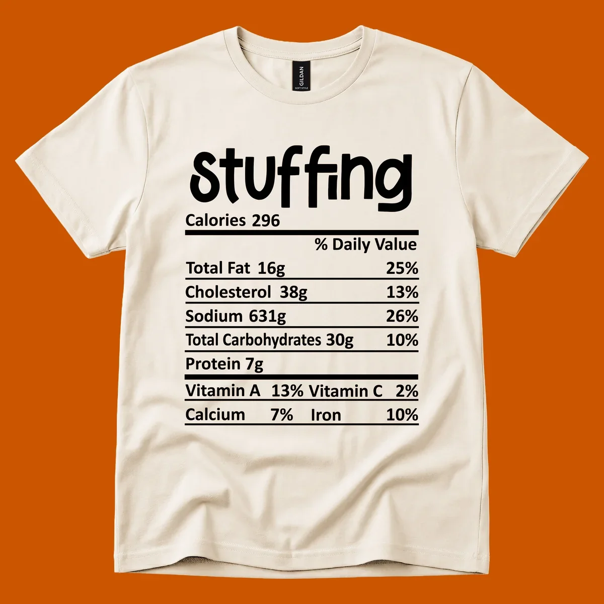 Stuffing nutrition label design with calories and daily values.