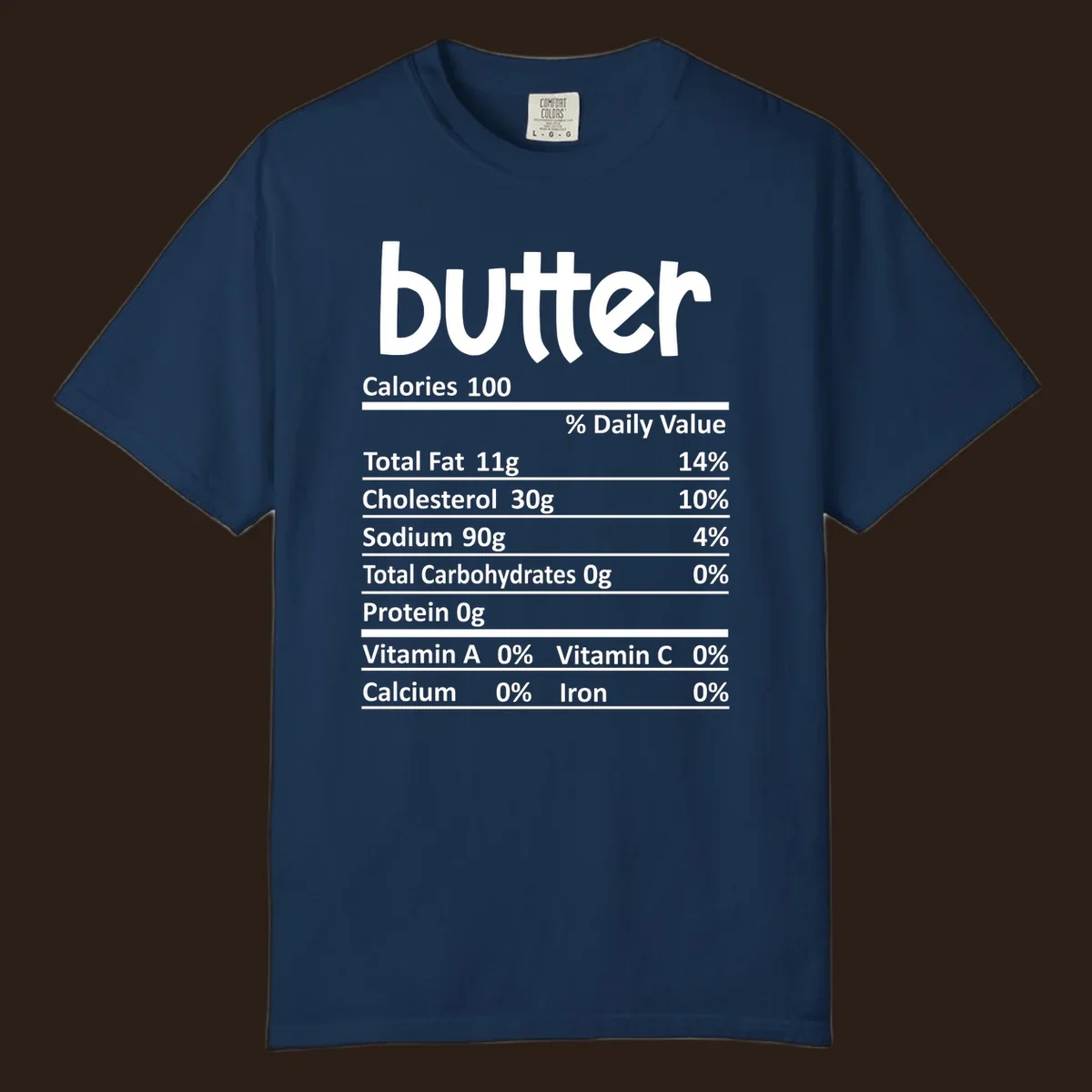 Butter nutrition facts label with calories, fat, cholesterol, sodium, carbs, protein, and vitamins.