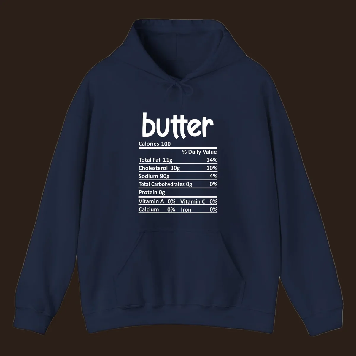 Butter nutrition facts label with calories, fat, cholesterol, sodium, carbs, protein, and vitamins.