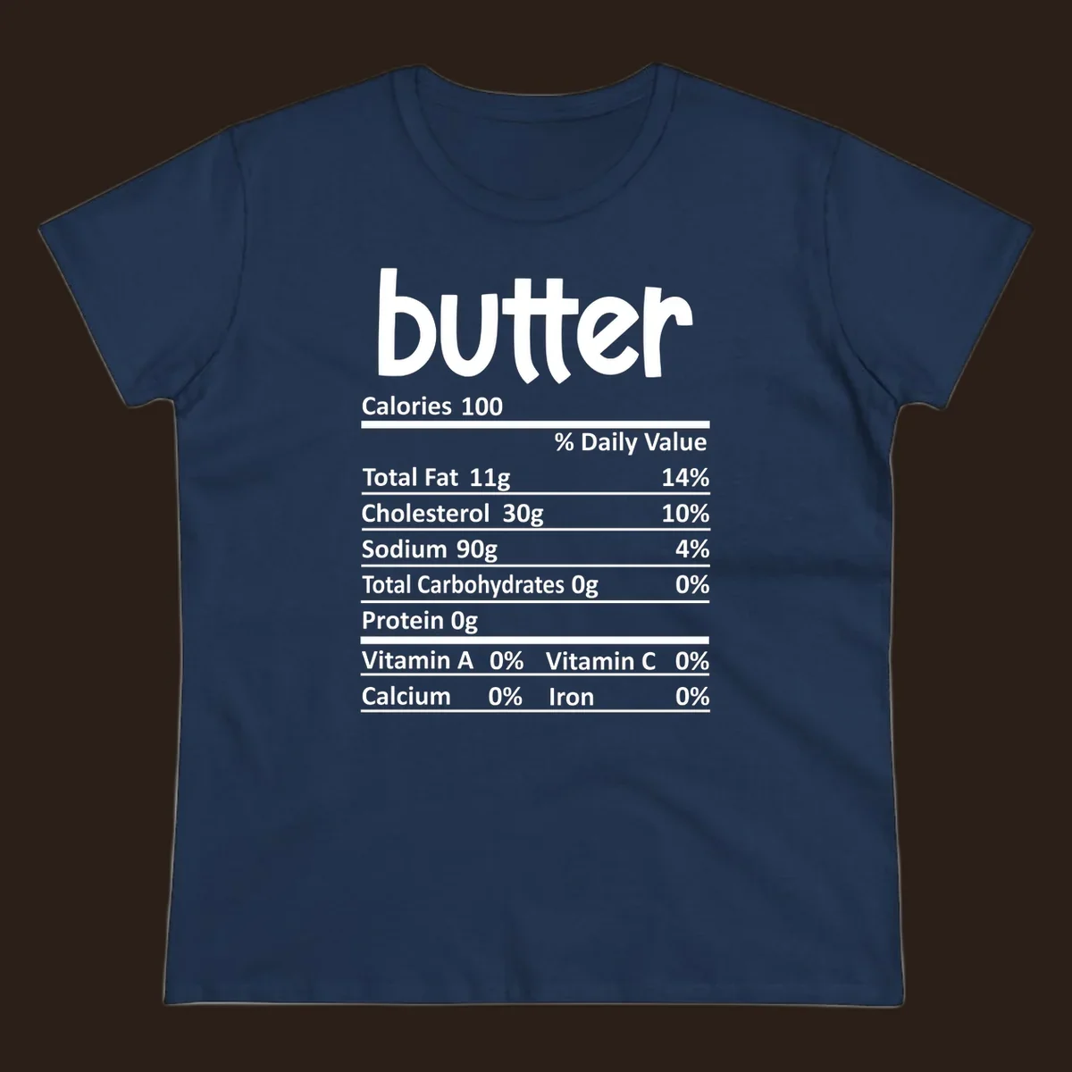 Butter nutrition facts label with calories, fat, cholesterol, sodium, carbs, protein, and vitamins.