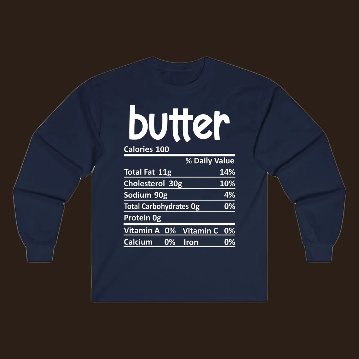 Butter nutrition facts label with calories, fat, cholesterol, sodium, carbs, protein, and vitamins.