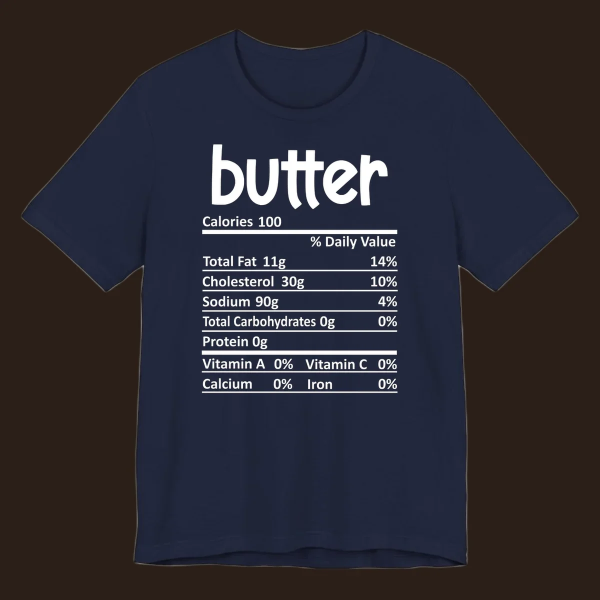 Butter nutrition facts label with calories, fat, cholesterol, sodium, carbs, protein, and vitamins.