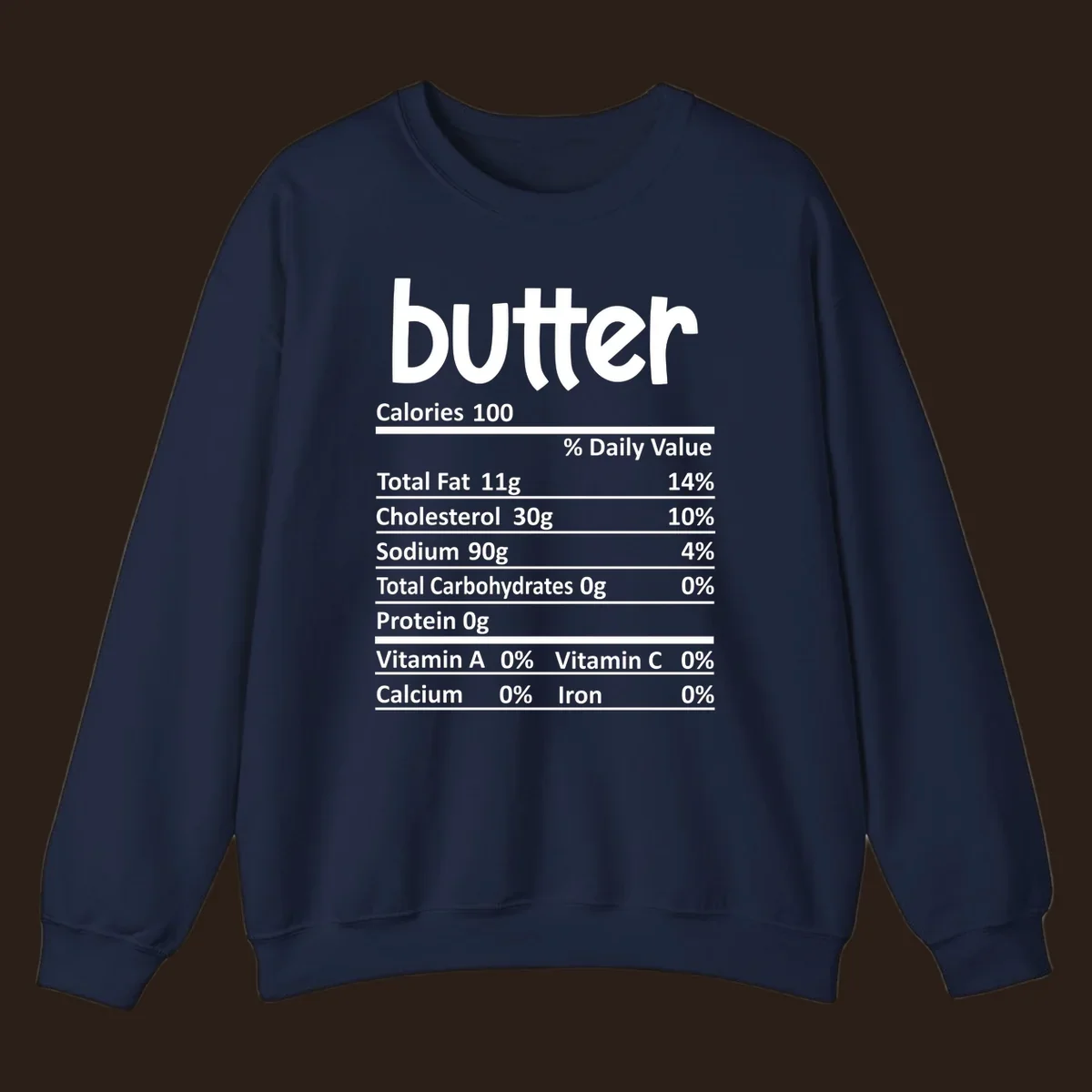 Butter nutrition facts label with calories, fat, cholesterol, sodium, carbs, protein, and vitamins.