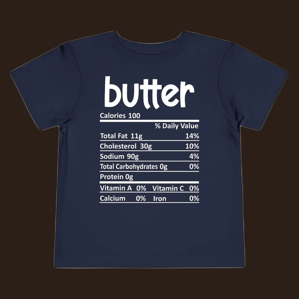 Butter nutrition facts label with calories, fat, cholesterol, sodium, carbs, protein, and vitamins.