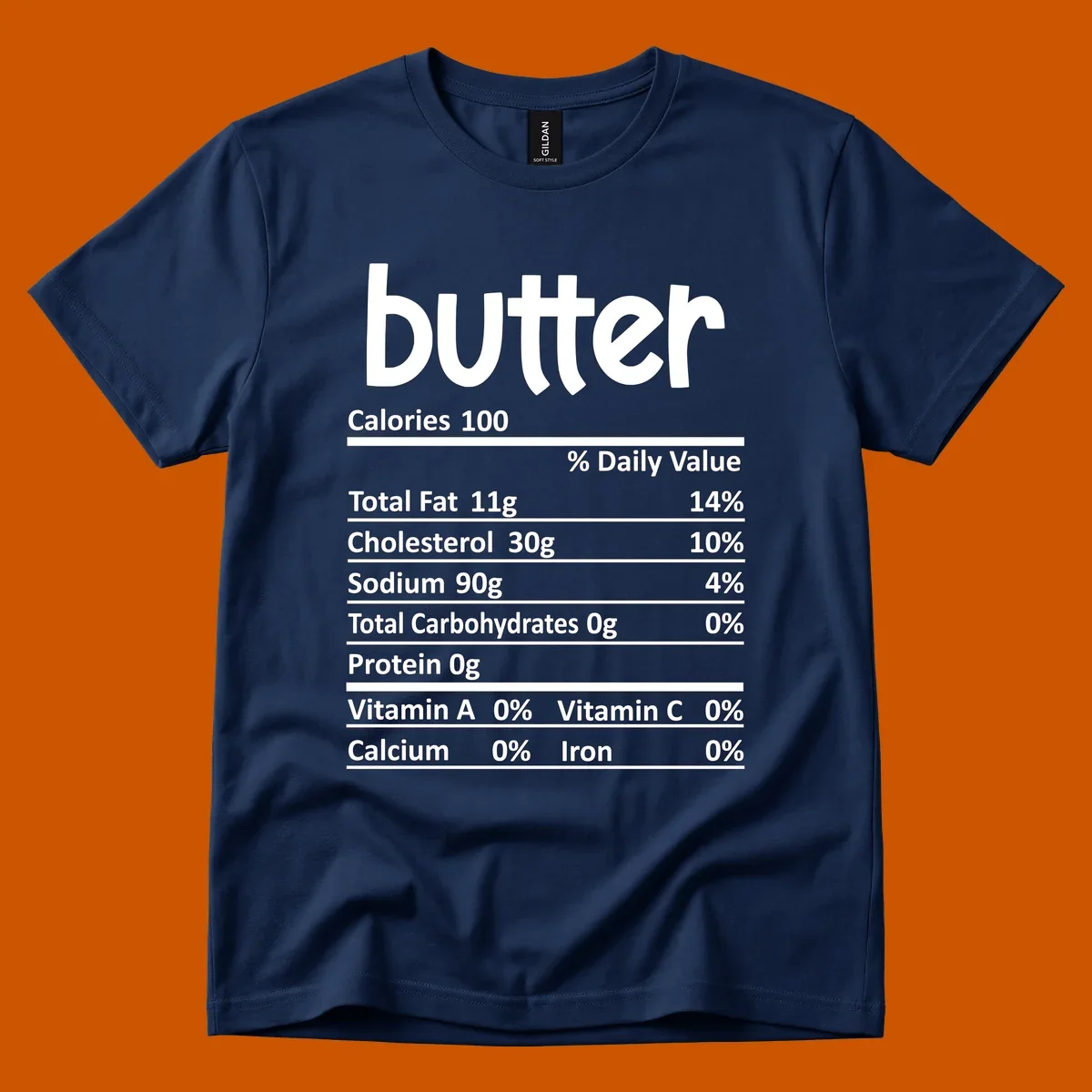 Butter nutrition facts label with calories, fat, cholesterol, sodium, carbs, protein, and vitamins.