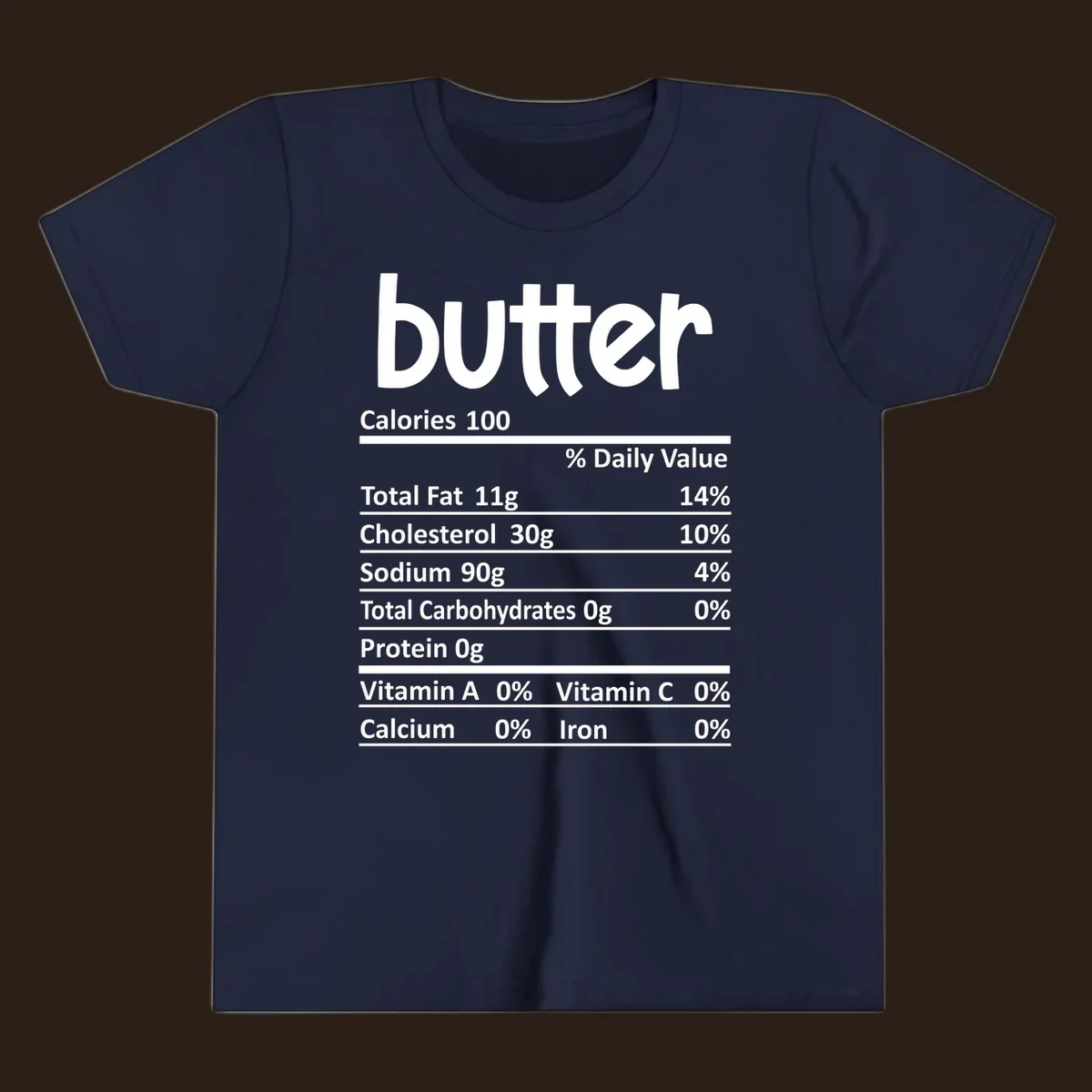 Butter nutrition facts label with calories, fat, cholesterol, sodium, carbs, protein, and vitamins.