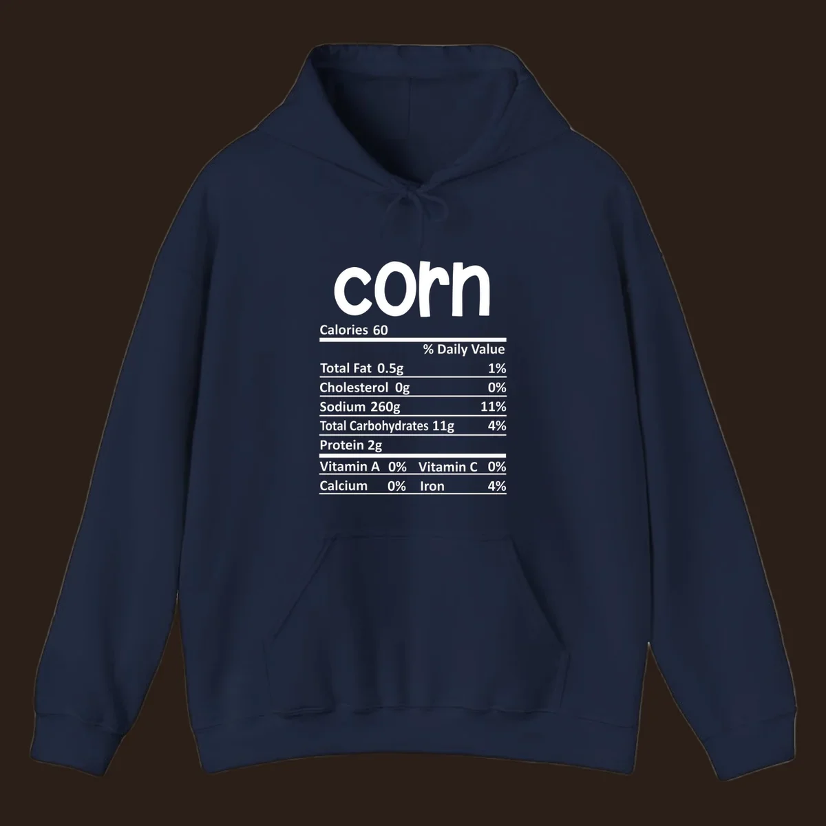 White text 'corn' and a nutritional facts label on a dark background.