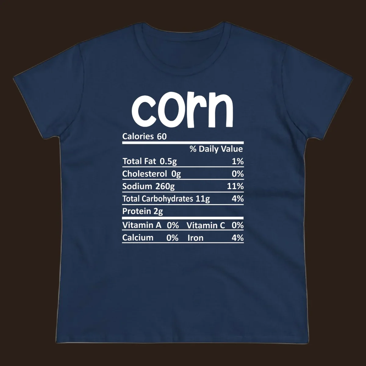 White text 'corn' and a nutritional facts label on a dark background.