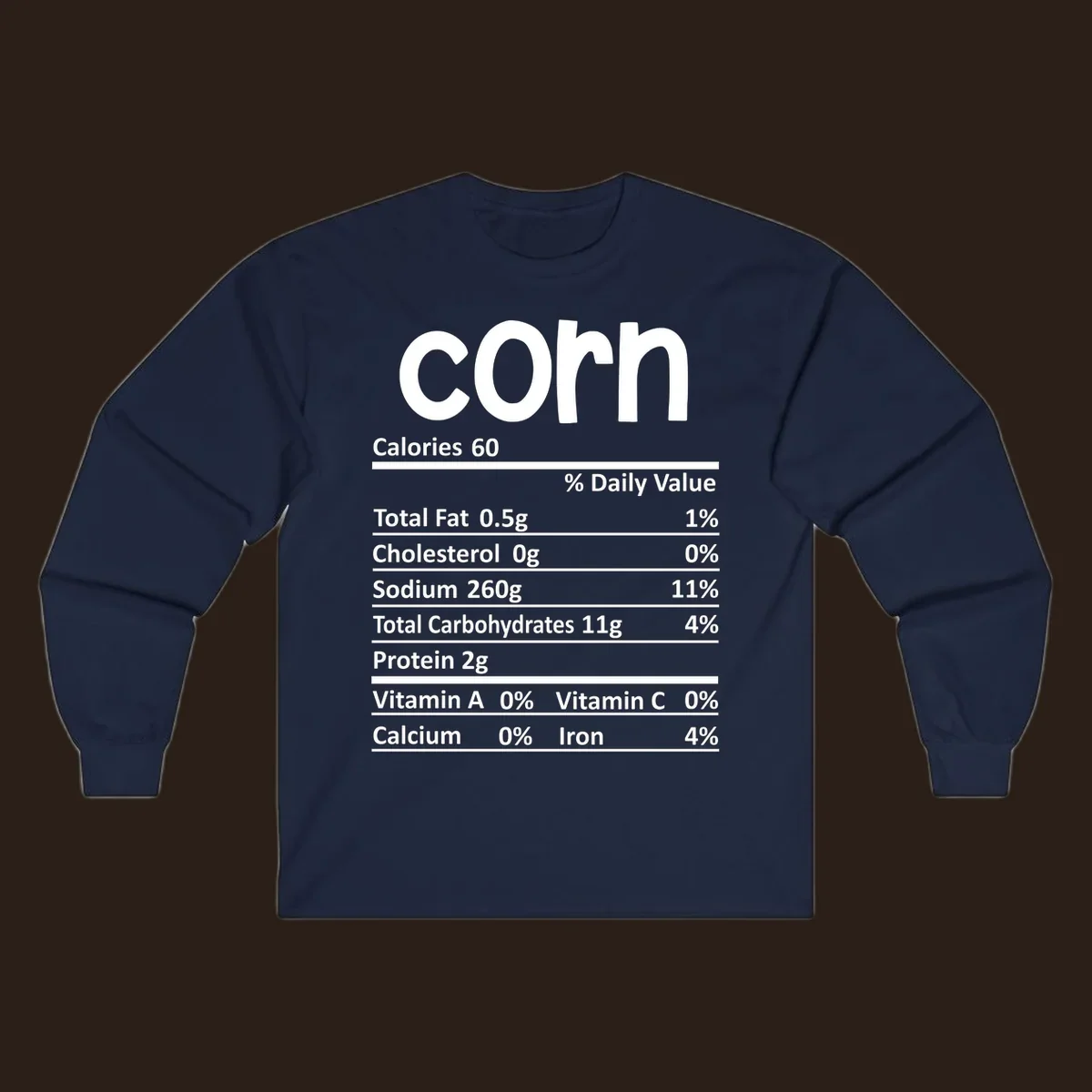 White text 'corn' and a nutritional facts label on a dark background.