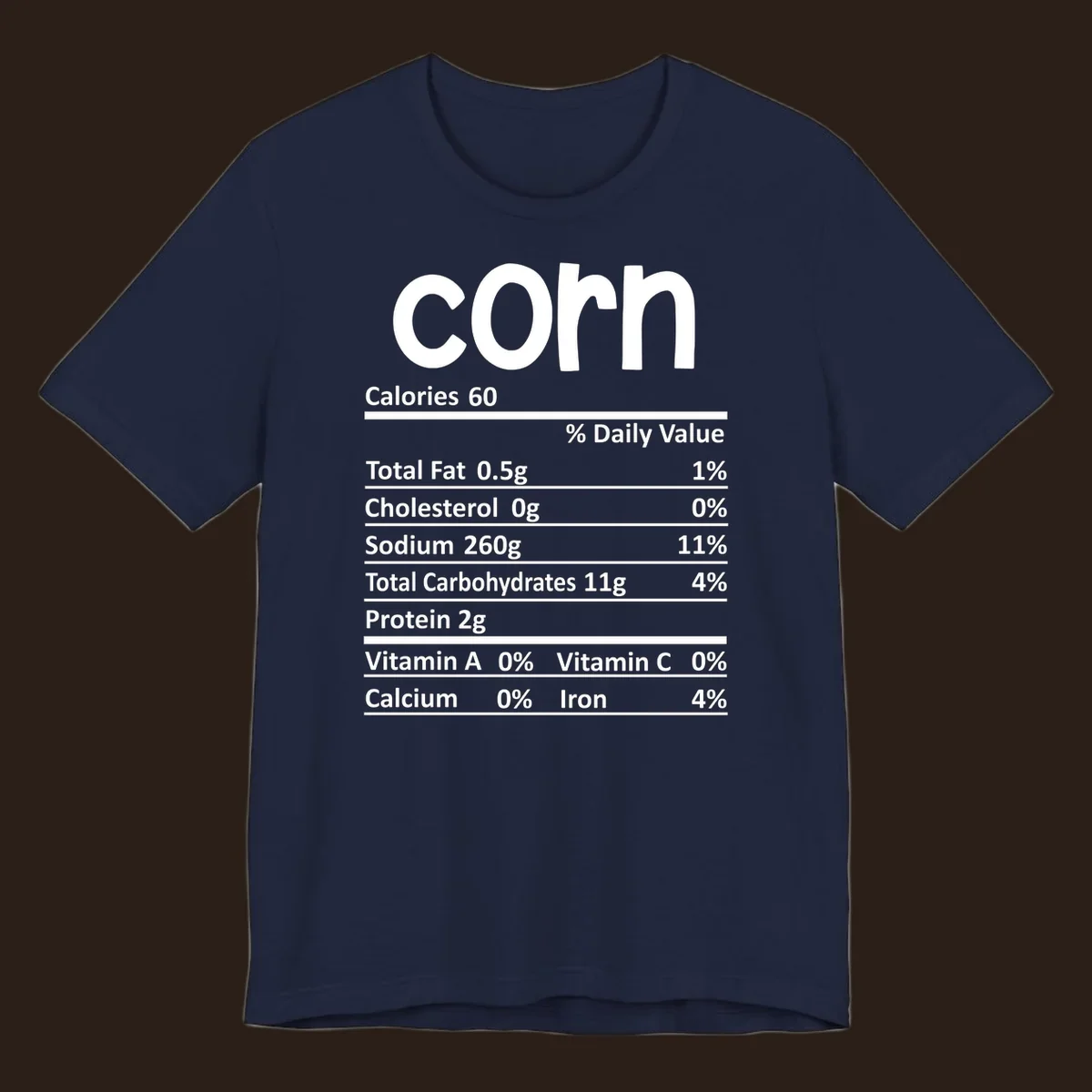 White text 'corn' and a nutritional facts label on a dark background.