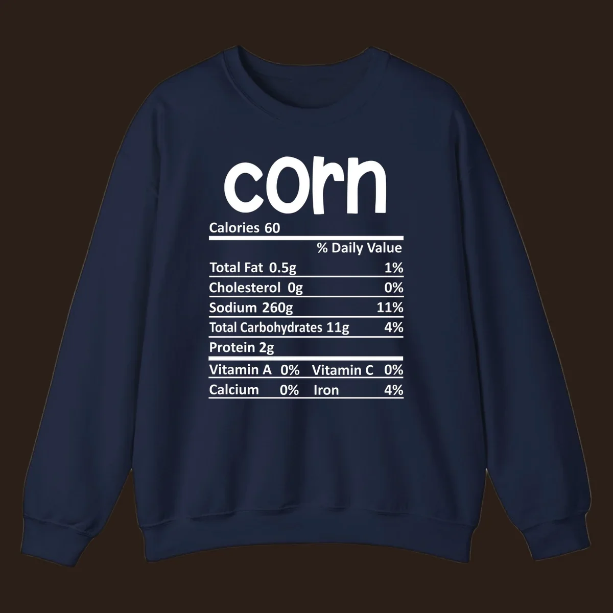 White text 'corn' and a nutritional facts label on a dark background.