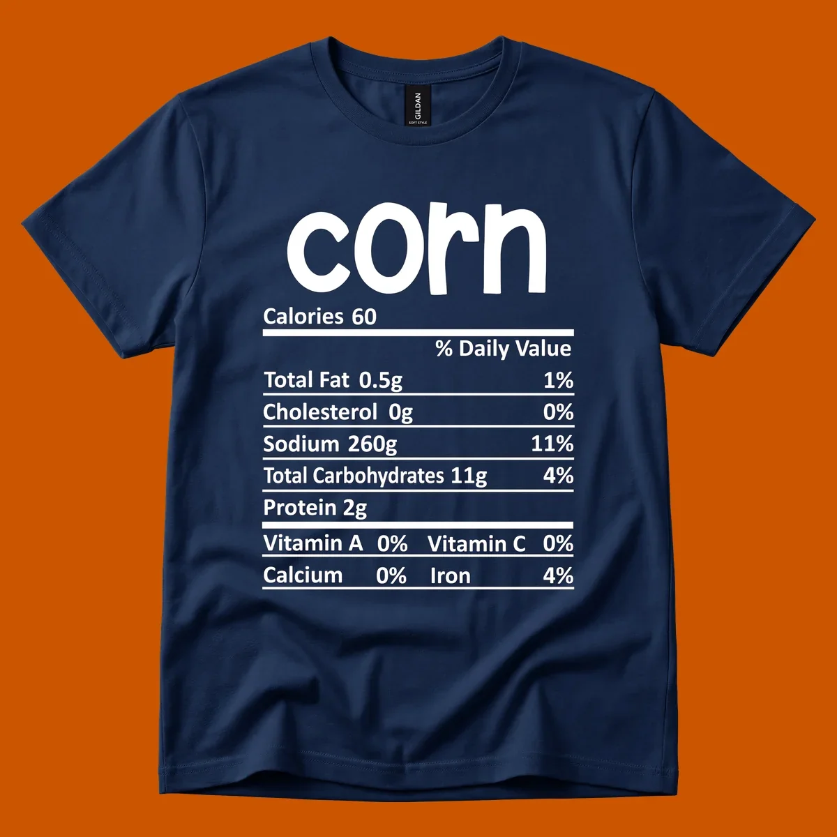 White text 'corn' and a nutritional facts label on a dark background.