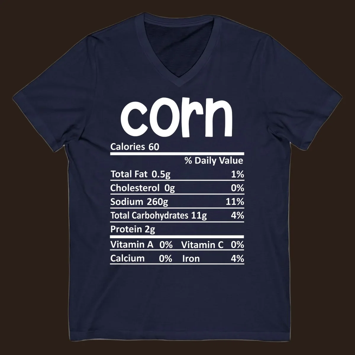 White text 'corn' and a nutritional facts label on a dark background.