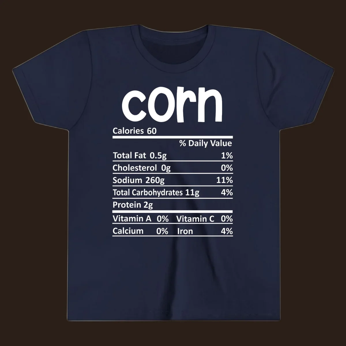 White text 'corn' and a nutritional facts label on a dark background.