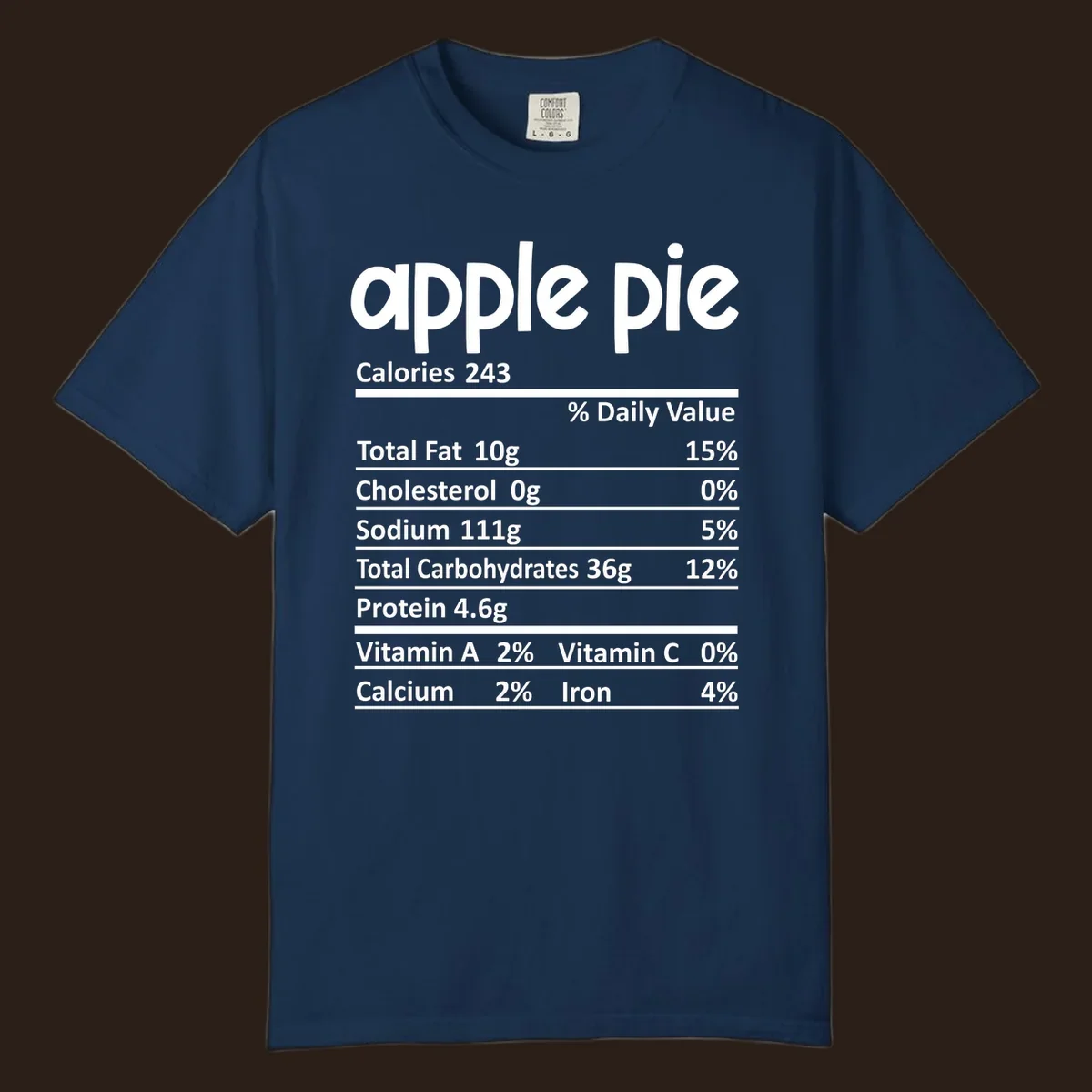 Apple pie nutrition facts label with calories, fat, carbs, protein, vitamins, and minerals.