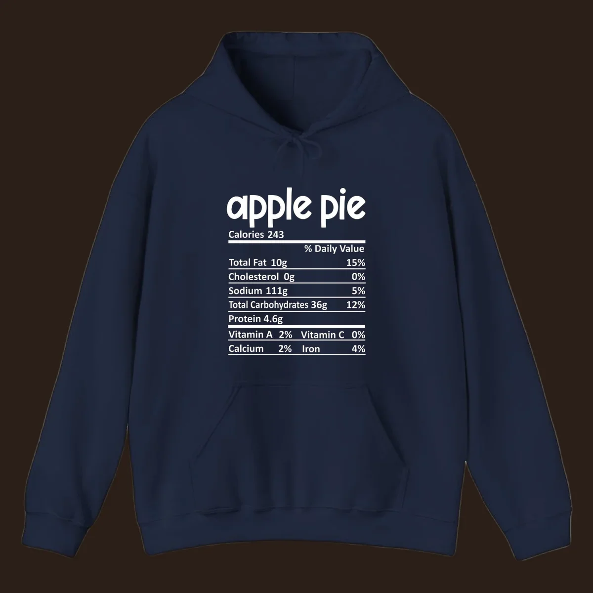 Apple pie nutrition facts label with calories, fat, carbs, protein, vitamins, and minerals.